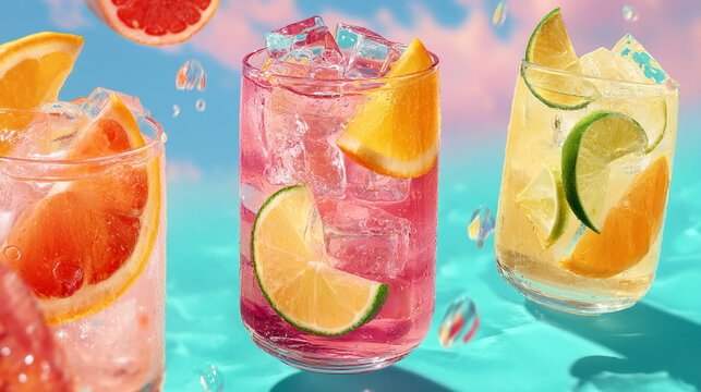 Dynamic and refreshing citrus drinks with ice splashes.