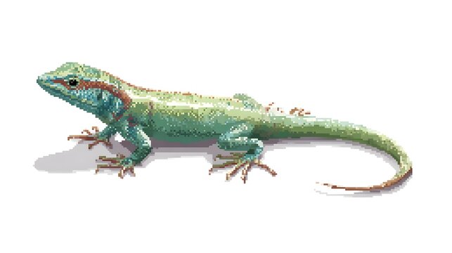 Green Lizard Reptile Pixel Art Illustration on White Background Isolated