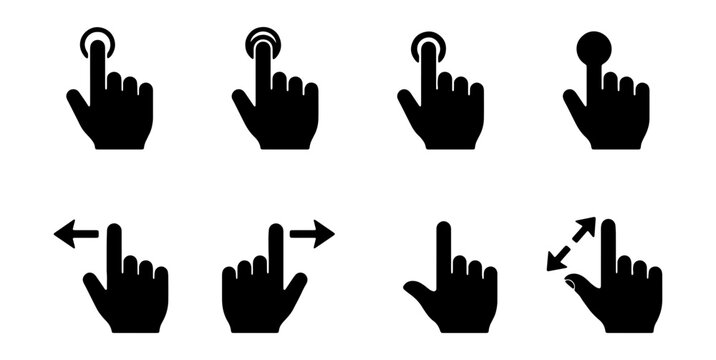 Touch screen gesture icons, black hand cursor silhouettes, 8 mobile UI vector elements