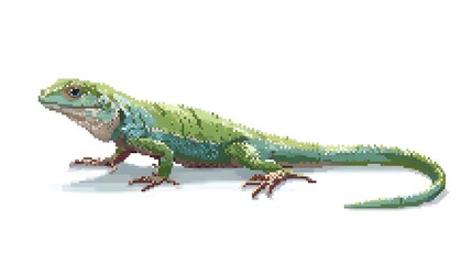 Fototapeta premium Green Lizard Reptile Pixel Art Illustration on White Background Isolated