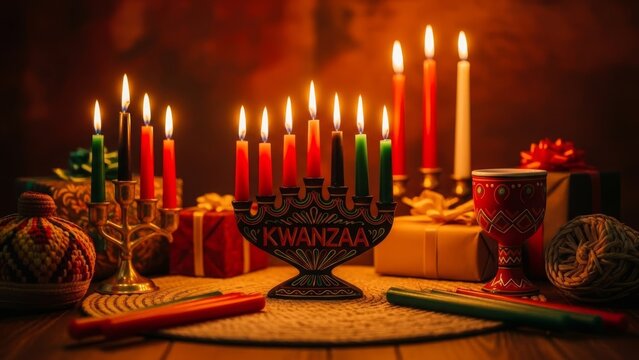 Lit Kwanzaa Kinara with colorful candles burning, surrounded by gifts and traditional decor.