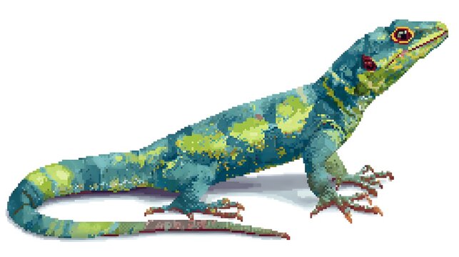 Green Lizard Reptile Pixel Art Illustration on White Background Isolated