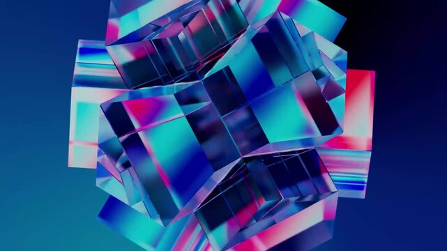 Abstract animation of transparent glass cubes with vibrant neon blue and red reflections rotating in space. Futuristic digital technology, data structure and cyber network concept on dark background.