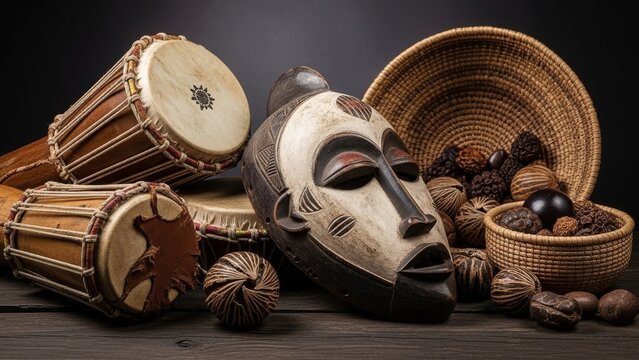 Traditional African drums and mask arranged on rustic wooden surface.