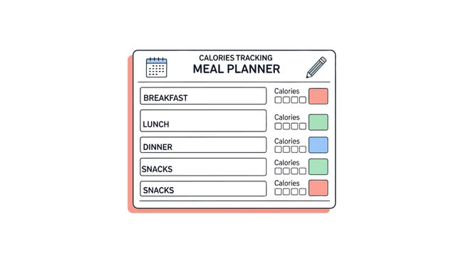 Color-coded meal planner for tracking daily calorie intake and meal planning.