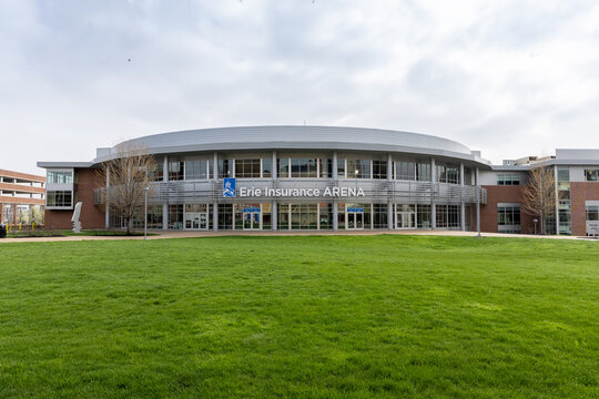 Erie Insurance Arena exterior with a large green lawn and cloudy sky; Erie, Pennsylvania April 17, 2026