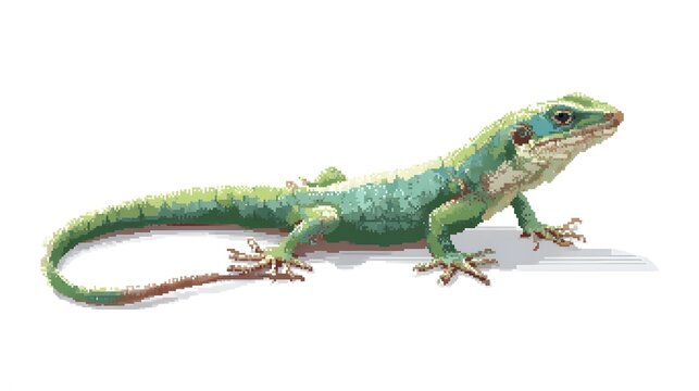Green Lizard Reptile Pixel Art Illustration on White Background Isolated