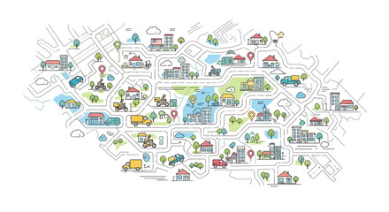 Illustrated map showing various landmarks and activities in a city layout. © rikyan