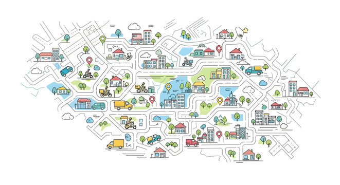 Illustrated map showing various landmarks and activities in a city layout.