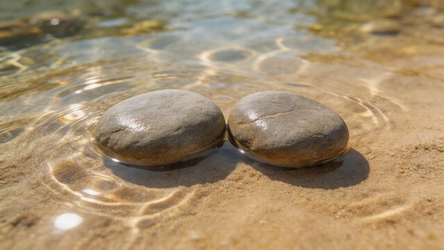 spandrel. Two smooth river stones resting on a sandy stream bed, natural textures. travel magazines, destination branding, designed for travel destination branding, used by management consultants.