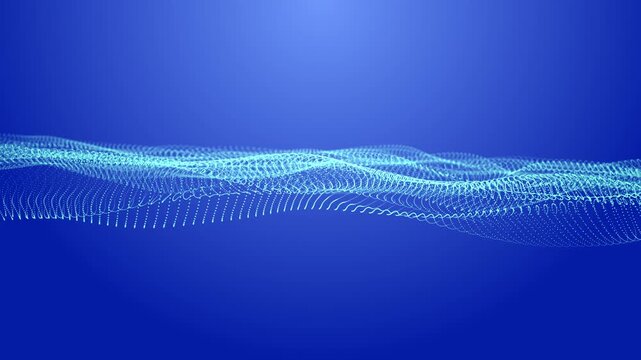 Waves transmit silent codes through a luminous matrix. Particles pulse with digital motion. 3D rendering. Seamless loop.