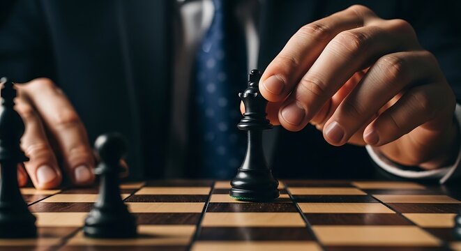 Businessman's hand moving black king piece on chessboard, strategic decision making, business strategy concept