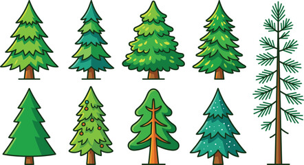 Obraz premium Christmas pine tree cartoon vector collection with fir, spruce and evergreen trees, festive winter illustration set for holiday decoration design