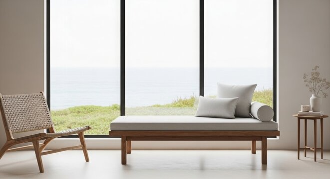 Modern living room with a daybed and chair by a large window overlooking the ocean