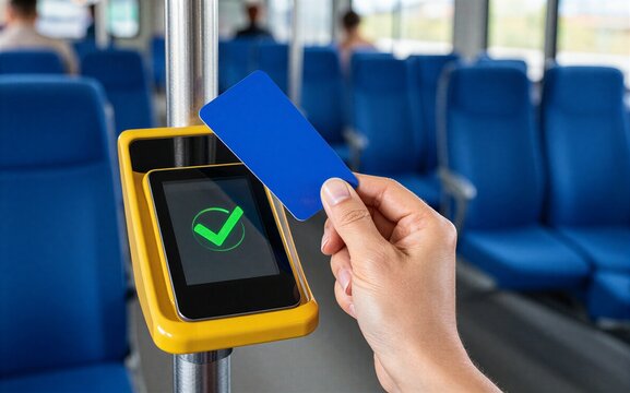 Hand taps transit card on reader; green check confirms successful