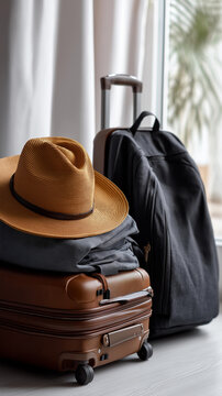 A rolling suitcase, a backpack and a hat lined up against a bright studio background, no people, travel gear set, suitcase, backpack, sun hat, vacation prep, packed bag, tourism essentials,