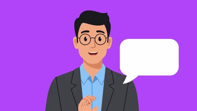 A professional 2D cartoon animation of a smart male executive wearing glasses and a business suit jacket, speaking next to an empty text layout bubble on a purple background. Great for corporate train