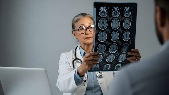 An experienced female doctor reviews a brain mri scan with her patient during consultation.