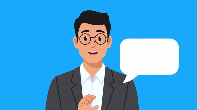 A cheerful 2D animation of a businessman wearing glasses and a suit performing a talking action with a white speech bubble. Set against a bright blue background, this character is optimized for lip sy