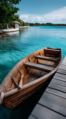 Fototapeta premium A small wooden boat tied to a dock on a calm turquoise lagoon, no people, wooden boat, tropical lagoon, calm water, scenic travel, getaway, vacation, lakeside, nature travel, tranquil, with copy