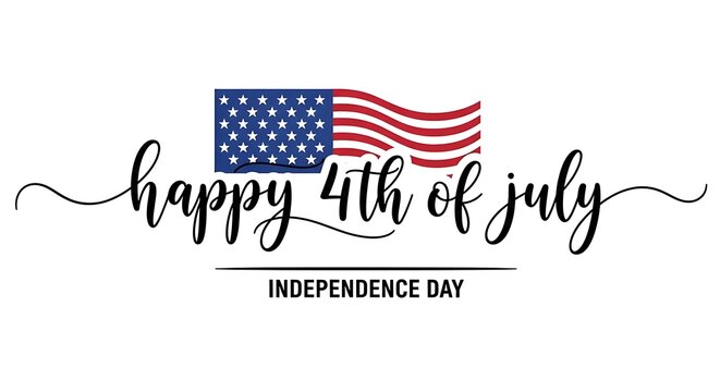 Happy 4th of july Independence day handwritten typography text USA abstract wavy flag white background banner.