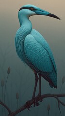 Obraz premium Artistic Illustration of a Turquoise Heron Standing Gracefully on a Branch in the Fog.