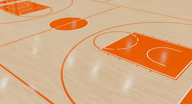 Close-up view of a polished wooden basketball court with bright orange lines, showing the free-throw lane and three-point arc.