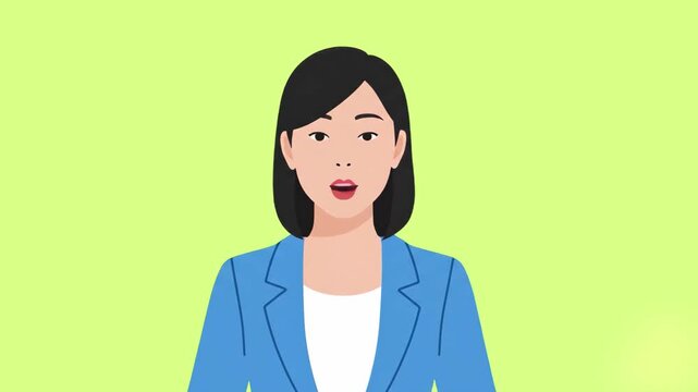 A professional 2D animated woman in a blue blazer speaking directly to the camera against a soft light green background. This character design is ideal for corporate presentations, explainer videos, a