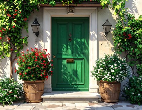 A vibrant green door, framed by white molding, flanked by climbing foliage and potted flowers, sits on a stone stoop. Two lanterns grace the walls