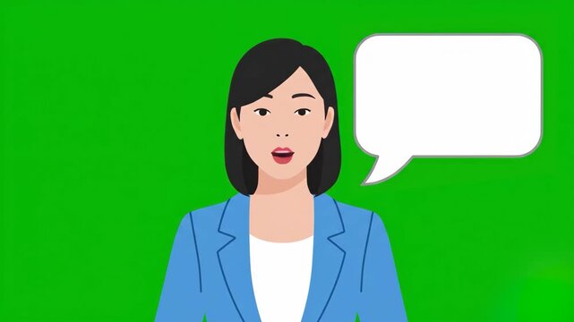 A flat 2D animated woman in a professional blue blazer talks while a white speech bubble appears. This asset is ideal for explainers and corporate presentations requiring custom dialogue on a chroma k