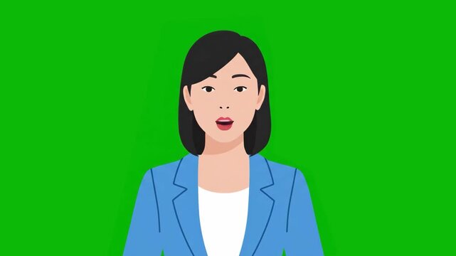 A high-quality 2D animation of a businesswoman in a blue jacket performing a talking action. Isolated on a chroma key green screen, this asset is designed for seamless compositing and features profess