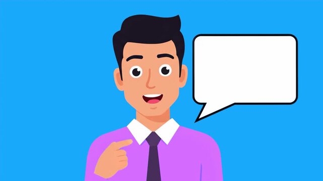A clean 2D vector animation featuring a smiling man with black hair in a purple shirt pointing his finger, with a blank white speech bubble against a solid blue background. This character is perfect f