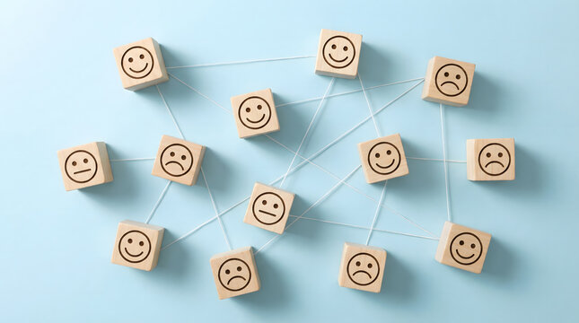 wooden blocks with smiley and frowny faces connected by lines