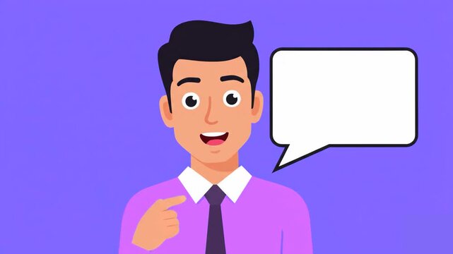 A clean 2D vector animation featuring a friendly young man in a purple shirt and tie pointing with his hand next to an empty text speech bubble against a purple background. Ideal for e-learning tutori
