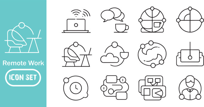 Remote Work and Digital Nomad Lifestyle Icon Set - Minimalist Line Art Vector Symbols for Home Office, Cloud Computing, Online Meetings, and Global Freelance Business Communication