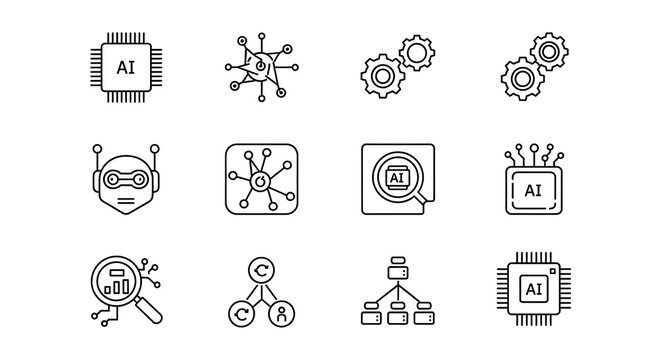 Outline vector icons illustrating artificial intelligence, machine learning, and data processing, perfect for technology, science, and digital innovation projects