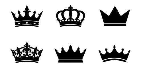 Royal crown silhouettes, 6 black king icons, queen tiara vector set © Mamun