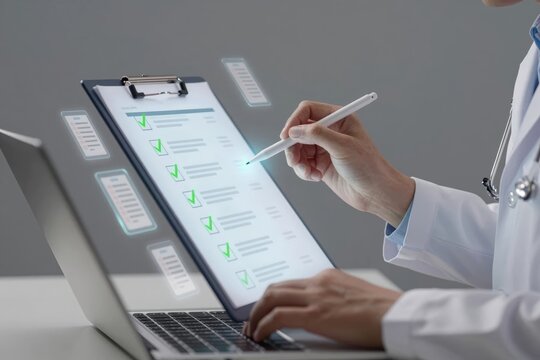 Doctor checks patient records on a laptop and clipboard in a medical office during the day