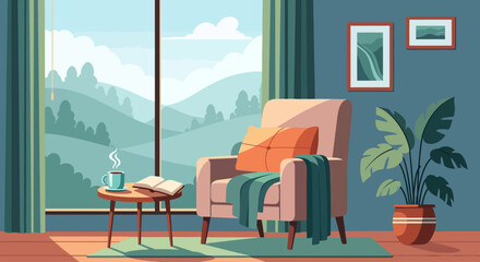 Obraz premium A serene interior scene with a cozy armchair overlooking hills during Mental Health Awareness Month