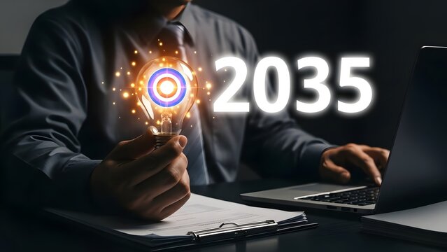 Person holds a glowing lightbulb, symbolizing innovation, with 2035 and a laptop visible.