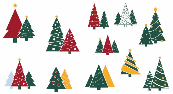 A collection of stylized, decorated Christmas trees in various arrangements and colors