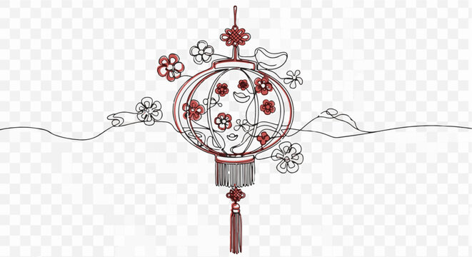 A delicate red and black line drawing of a Chinese lantern adorned with floral elements and a tassel