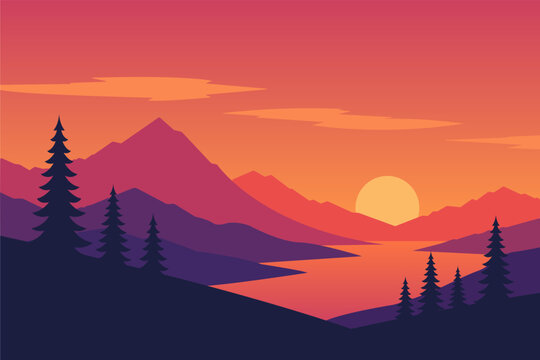Sunset Mountain Landscape With Lake And Pine Forest Flat Vector Illustration