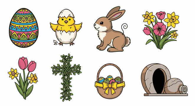 A collection of eight charming Easter-themed illustrations in a cartoon style