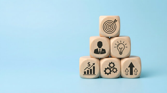 wooden blocks with business strategy icons