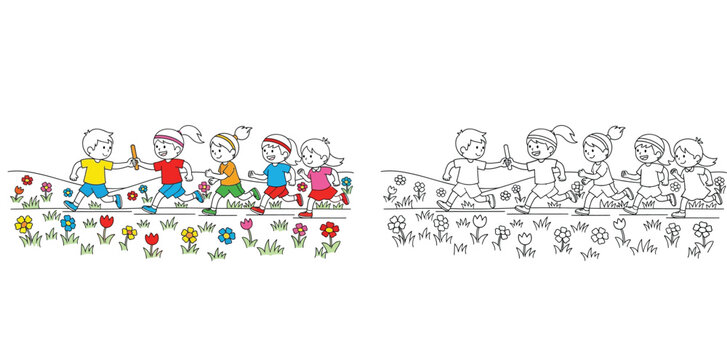 Kids Participating in Relay Race Sports Activity Cartoon Illustration and Coloring Page Set for Educational Fun