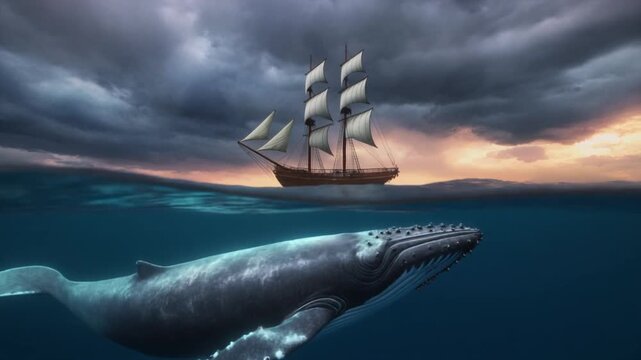 Ship in the ocean with blue whale underwater