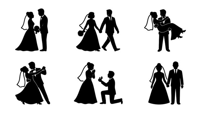 Wedding, couple, silhouette icons, black, romantic gestures, proposal, marriage