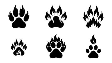 Obraz premium Flaming animal paw prints, burning footmarks, fire icons, black symbols, vector graphics