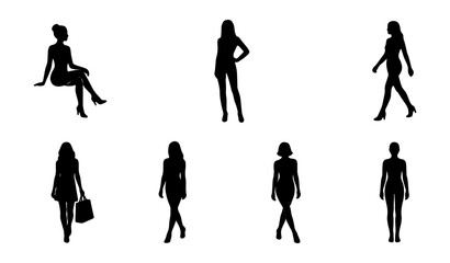Fototapeta premium Black silhouettes, women icons, female figures, people set, vector graphics